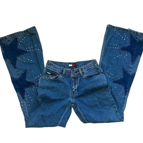 TOMMY JEANS Y2K Low Rise Rhinestone Split Flare Denim Stars Logo Retro Size 0 - Picture 3 of 13
